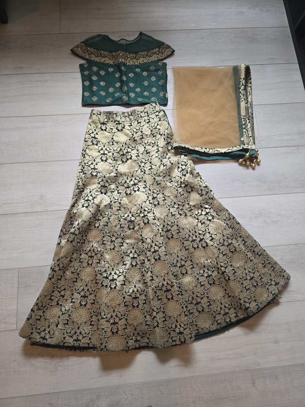Indian Pakistani Garba Brocade Green and Gold Heavy Lehenga Size XS